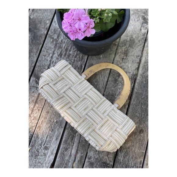 Vintage M & G Bertini Basketweave Bag Purse Celluloid Handle Italy Retro - Picture 2 of 9